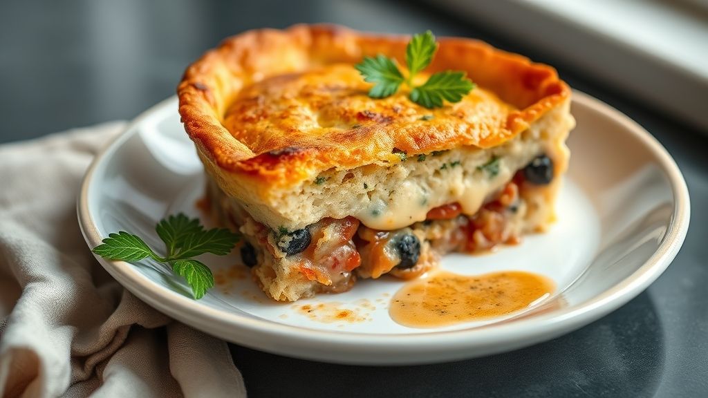 Torta de liquidificador dourada, fatiada e servida em prato branco sobre uma mesa de madeira