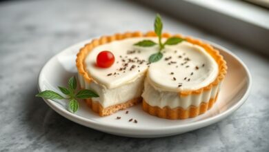 Torta de nata finalizada, cremosa e decorada com raspas de chocolate sobre prato elegante