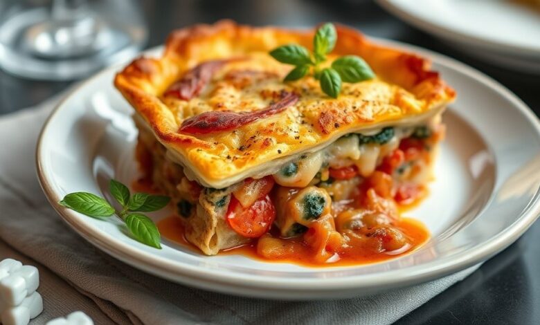 Torta dourada e cremosa, servida em prato rústico, com pedaços visíveis de queijo e presunto