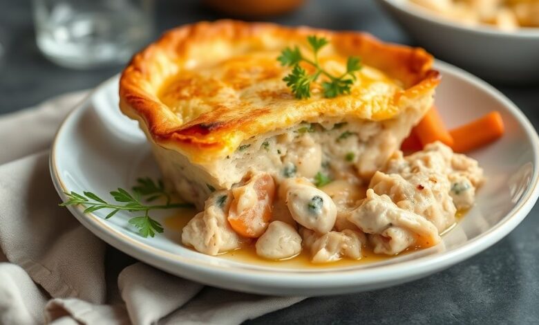 Torta simples de frango dourada, fatiada e servida em prato branco, com aspecto caseiro e apetitoso