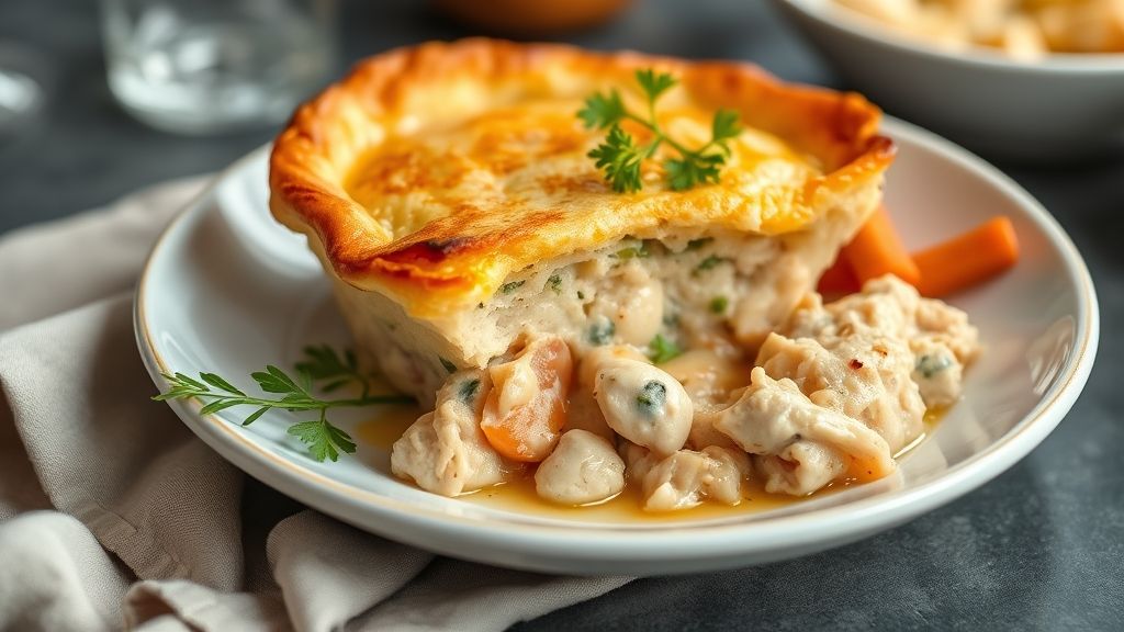 Torta simples de frango dourada e fatiada, com massa leve e recheio cremoso, servida em prato decorado