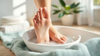 Pés femininos bem cuidados e hidratados após um banho de pés relaxante, com toalha e flores ao redor