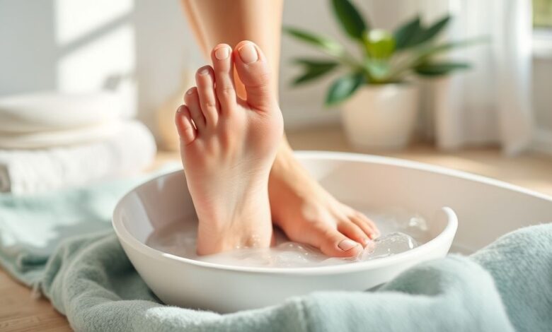 Pés femininos bem cuidados e hidratados após um banho de pés relaxante, com toalha e flores ao redor