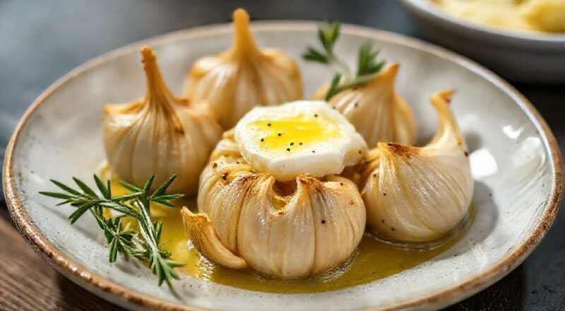 Prato rústico com alho assado dourado e macio, brilhando na manteiga, pronto para servir.