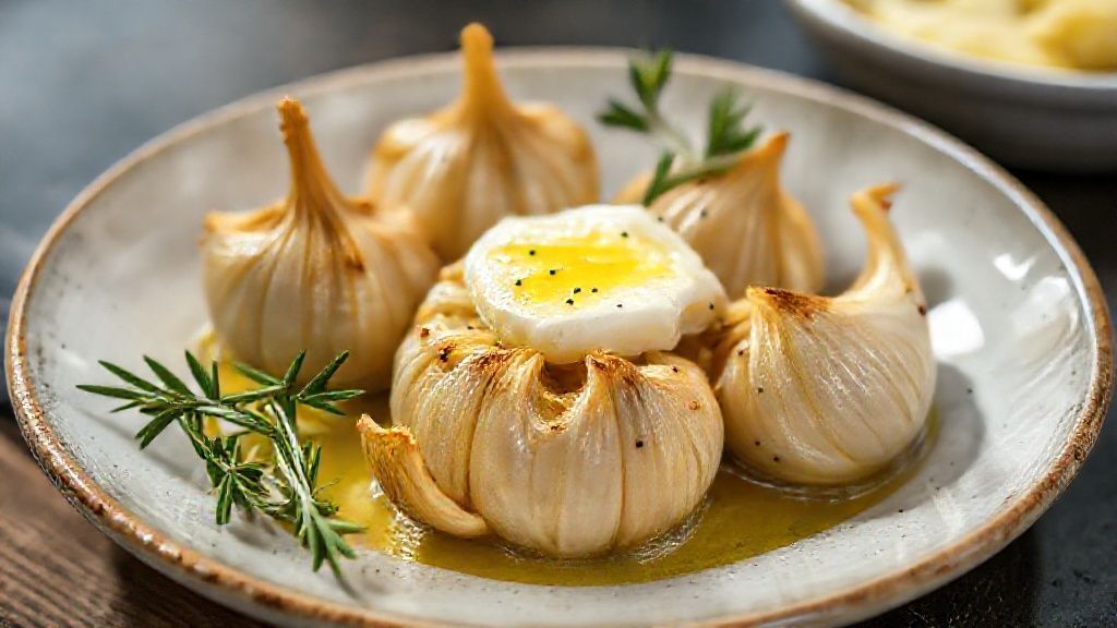 Alho assado no forno com manteiga dourado e cremoso, servido em ramequim, ideal como acompanhamento aromático.