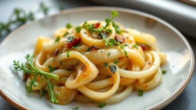 Prato de alho-poró refogado finalizado, dourado e delicado, servido em tigela rústica com toque de ervas.