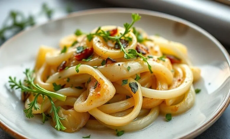 Prato de alho-poró refogado finalizado, dourado e delicado, servido em tigela rústica com toque de ervas.