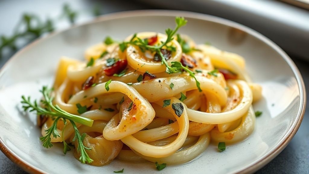 Prato de alho-poró refogado finalizado, dourado e delicado, servido em tigela rústica com toque de ervas.