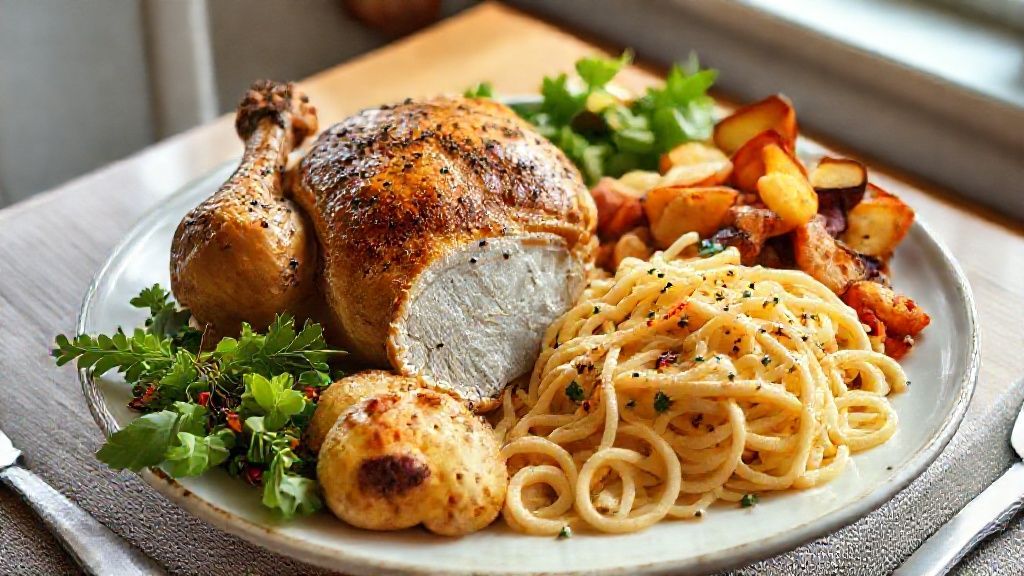 Prato completo de almoço com frango assado, macarrão e salada, ideal para receitas fáceis para o domingo