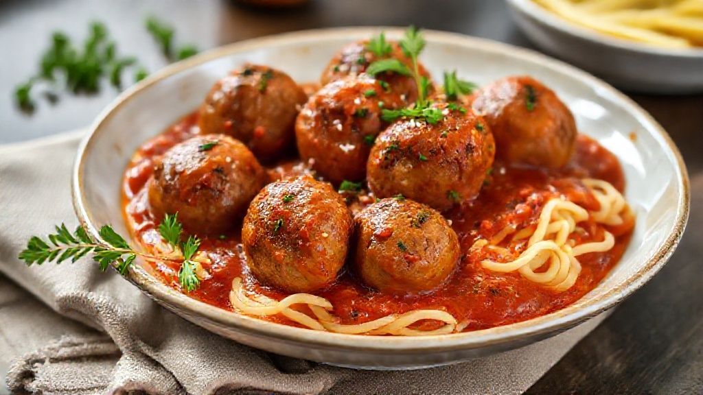 Prato de almôndegas ao molho caseiras servido com molho de tomate fresco e cheiro-verde