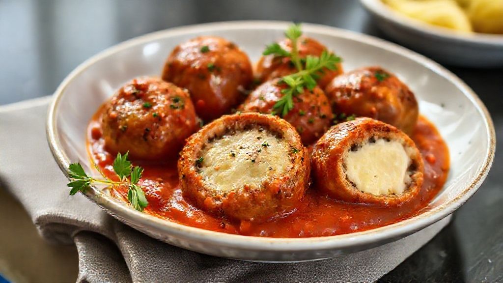 Almôndegas recheadas com queijo cobertas por molho de tomate, suculentas e douradas