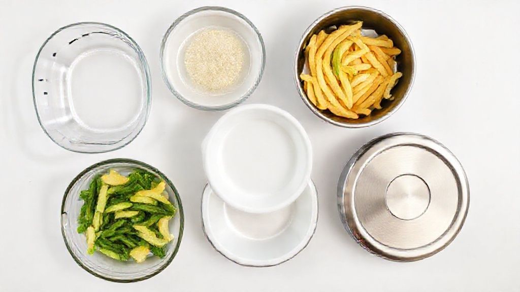 Flat lay mostrando vidro, cerâmica, alumínio e inox como alternativas seguras ao isopor