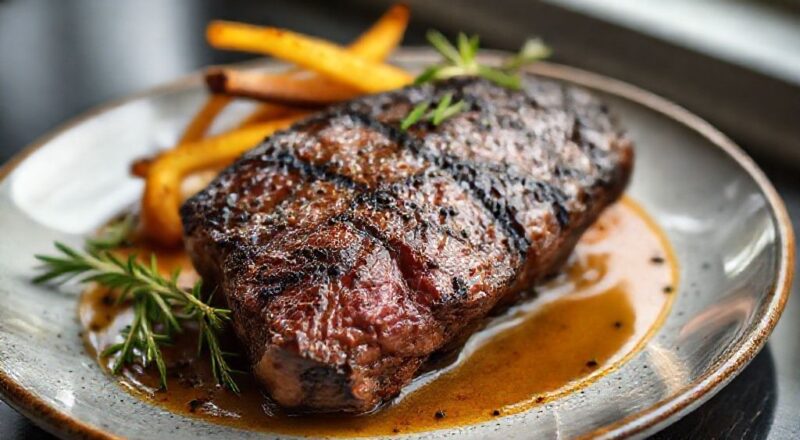 Peça de ancho assado no forno, fatiada, com crosta dourada e ervas, servida em tábua rústica.