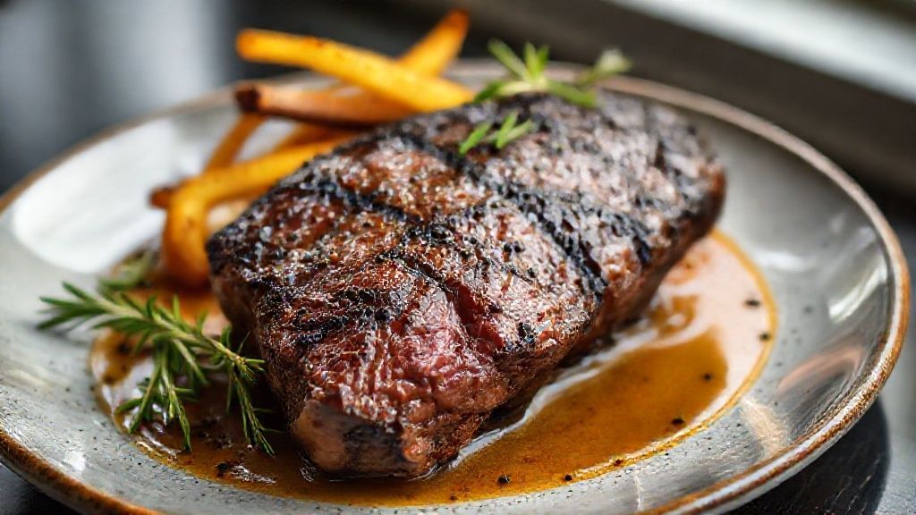 Ancho assado no forno servido em fatias suculentas com crosta dourada e ervas frescas