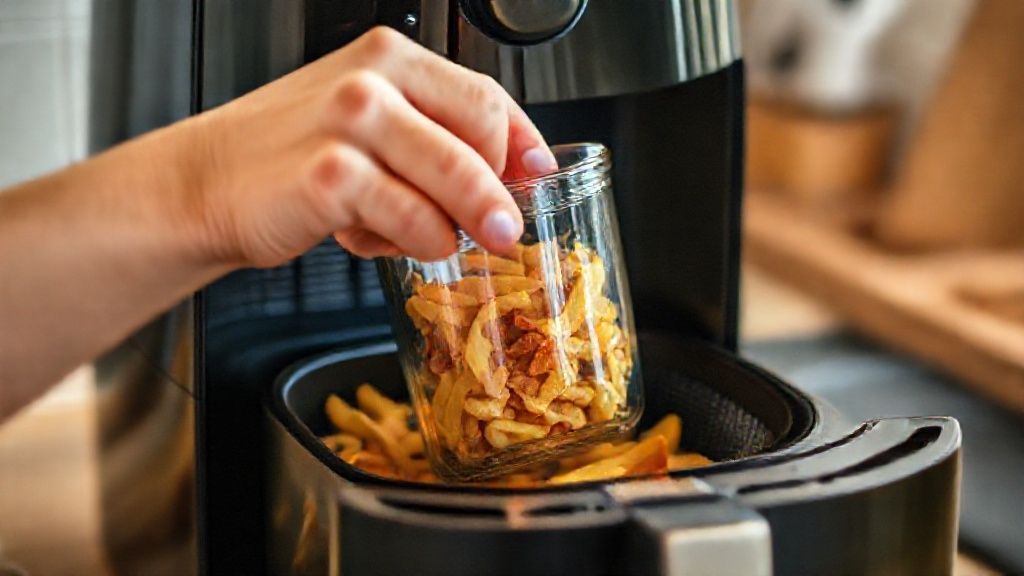 Mãos colocando recipiente de vidro com comida na airfryer pré-aquecida