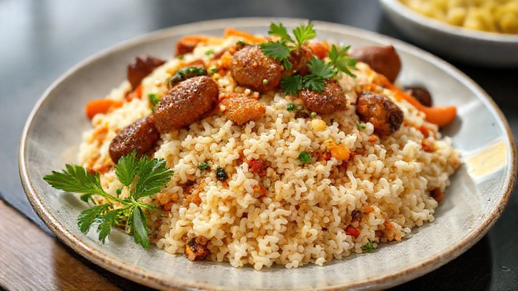 Prato de arroz à moda sertaneja pronto, com linguiça e legumes coloridos, servido quente e apetitoso