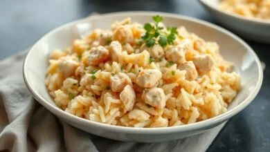 Arroz cremoso com frango dourado e queijo derretido, servido em uma travessa bem apresentada
