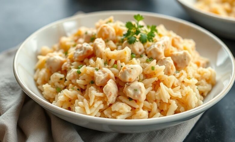 Arroz cremoso com frango dourado e queijo derretido, servido em uma travessa bem apresentada