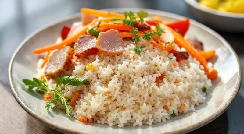 Prato de arroz primavera pronto, vibrante e apetitoso, com legumes frescos e toques dourados