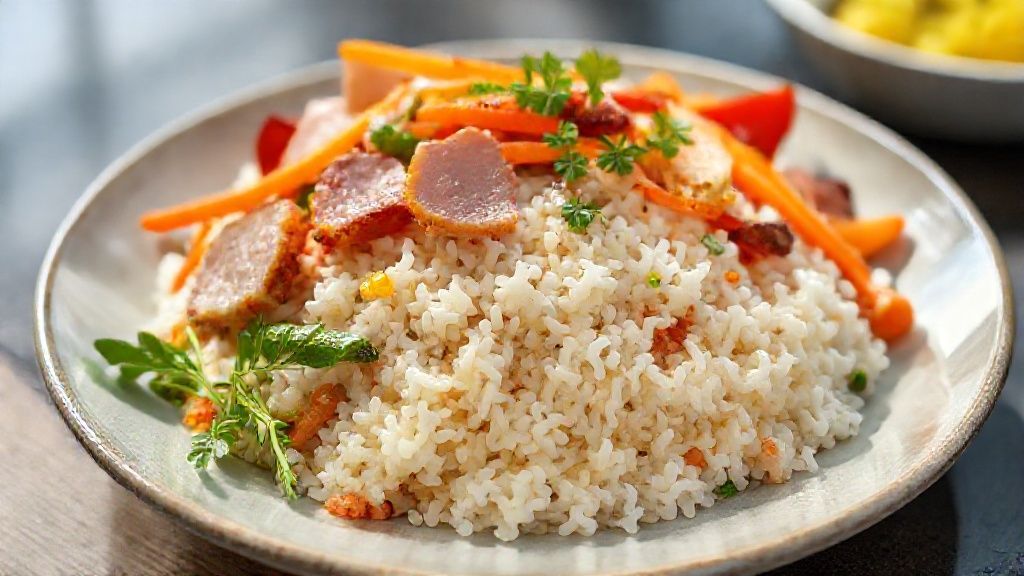 Arroz primavera colorido com legumes, presunto e ovos, prato leve e saboroso