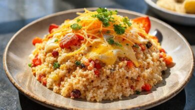 Arroz X-tudo de solteiro pronto, servido em panela rústica com queijo derretido e pedaços de bacon crocante.