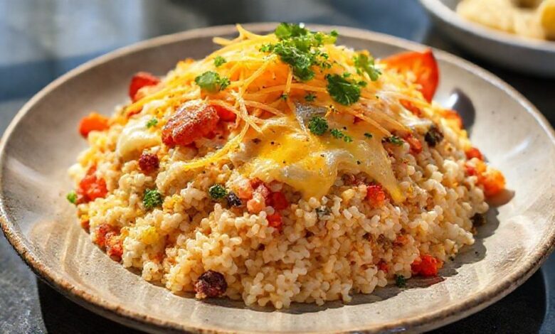 Arroz X-tudo de solteiro pronto, servido em panela rústica com queijo derretido e pedaços de bacon crocante.