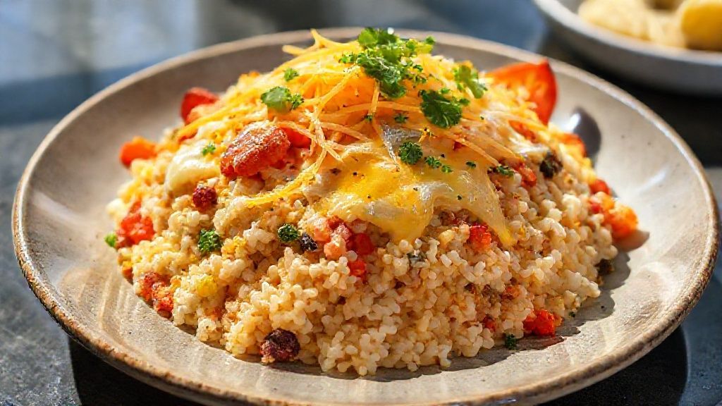 Arroz X-tudo de solteiro pronto, servido em panela rústica com queijo derretido e pedaços de bacon crocante.
