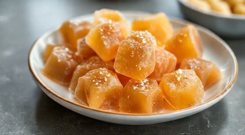 Balas de caramelo caseiras, douradas e brilhantes, dispostas em um prato rústico com visual apetitoso