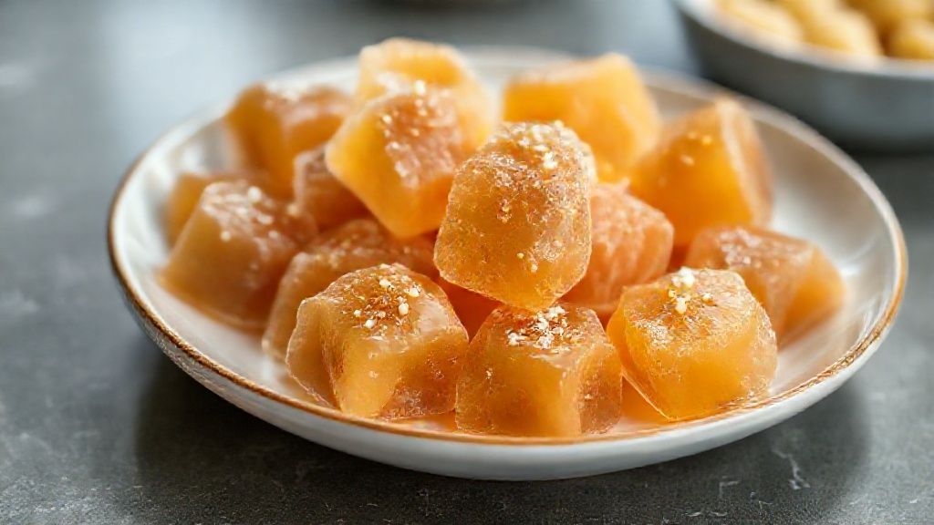 Balas de caramelo macias douradas e brilhantes, cortadas em cubinhos e dispostas em prato decorativo