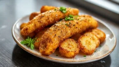 Fatias de banana à milanesa douradas e crocantes, servidas quentes em um prato elegante