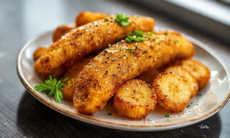 Fatias de banana à milanesa douradas e crocantes, servidas quentes em um prato elegante