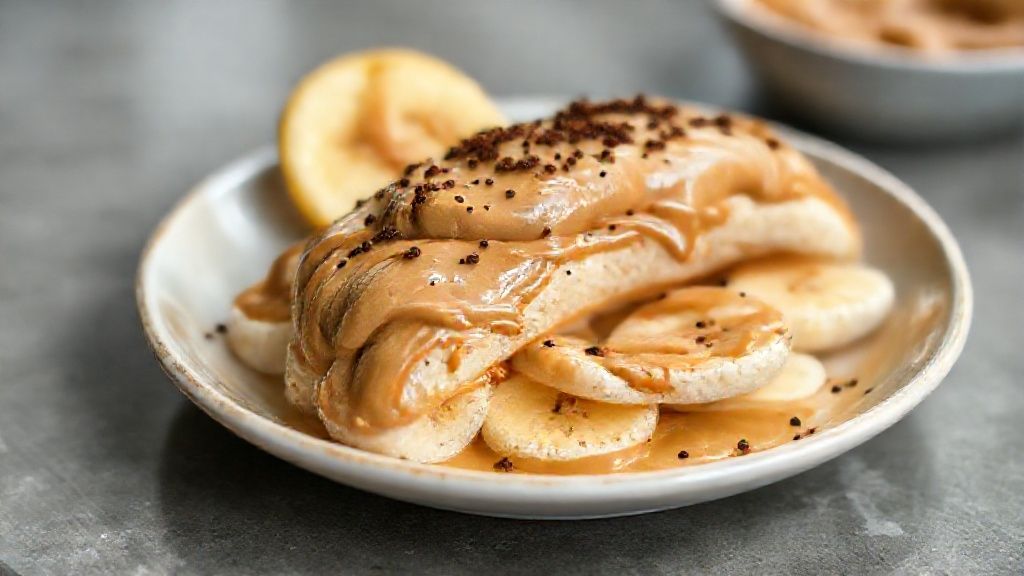 Banana com pasta de amendoim servida em prato rústico, polvilhada com chia e canela, mostrando uma receita saudável e deliciosa.