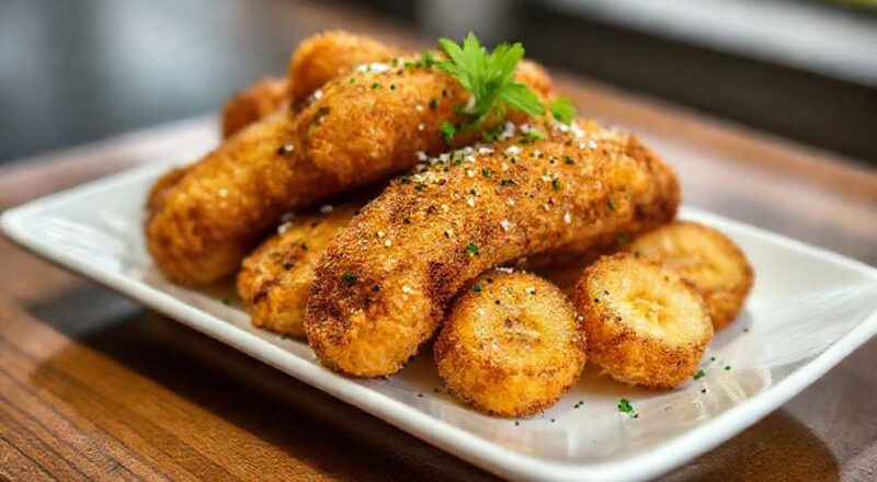 Porção de bananas fritas empanadas, douradas e crocantes, servidas em prato decorado