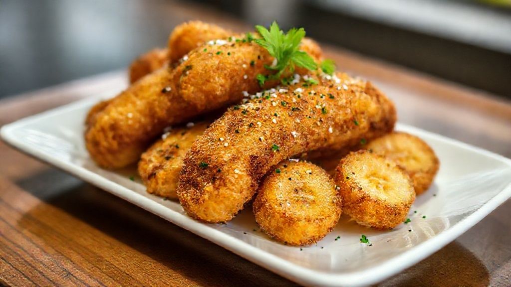 Banana frita de restaurante dourada e crocante servida em prato branco com textura perfeita