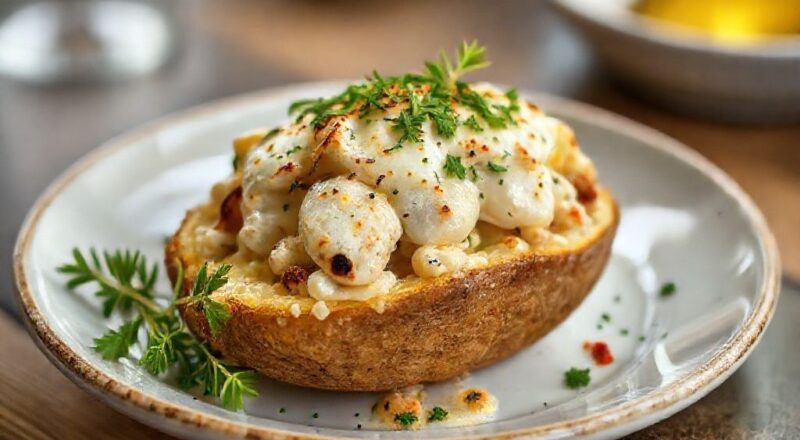 Batata recheada dourada e cremosa servida no prato, com queijo derretido e ervas frescas