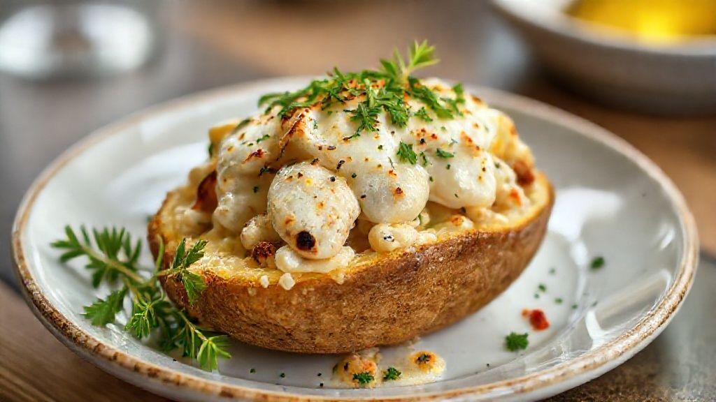 Batata recheada com frango e mussarela cremosa e dourada servida em prato branco, com queijo gratinado e ervas frescas