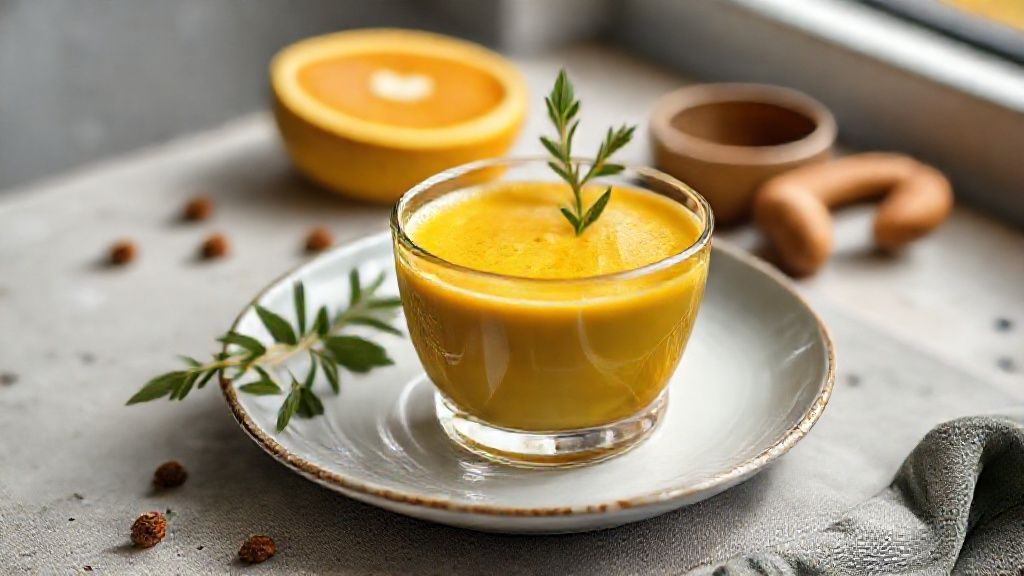 Bebida dourada feita com açafrão, servida quente em caneca rústica, destacando a cor vibrante da receita com açafrão
