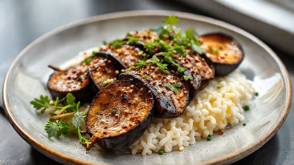 Berinjela no missô finalizada com molho caramelizado e gergelim, prato japonês vegano e apetitoso