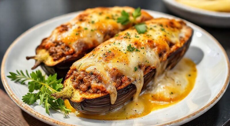 Prato de berinjela recheada com carne gratinada, com queijo derretido e tomatinhos cereja, dourado e apetitoso