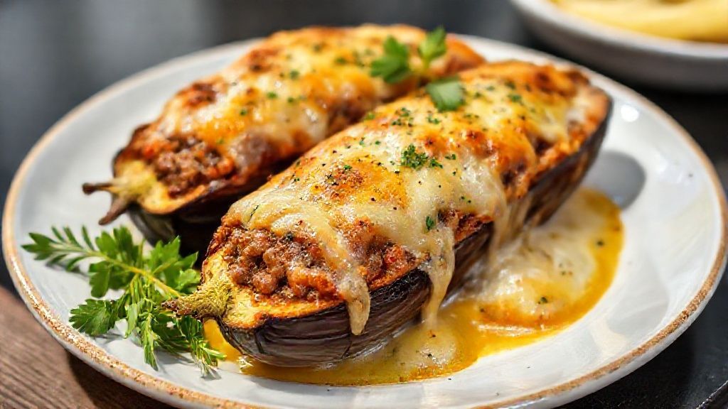 Berinjela recheada com carne gratinada com queijo e tomate cereja, dourada e suculenta, servida em refratário