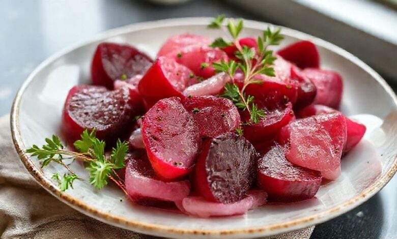 Beterrabas cozidas inteiras e fatiadas, com cor intensa e brilho natural, servidas em uma tigela branca sobre mesa rústica