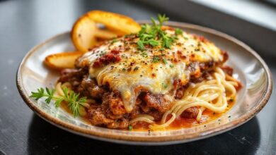 Prato servido de bife à parmegiana dourado, coberto com molho e queijo derretido, aparência caseira e apetitosamente crocante