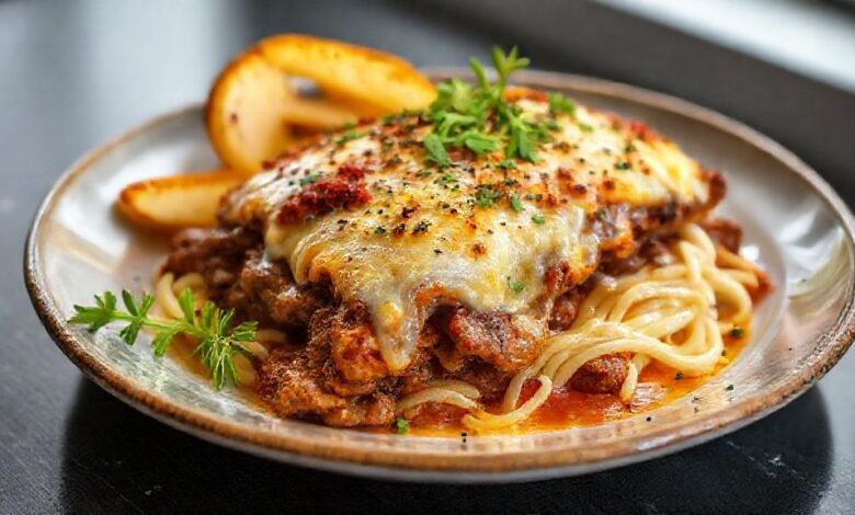 Prato servido de bife à parmegiana dourado, coberto com molho e queijo derretido, aparência caseira e apetitosamente crocante