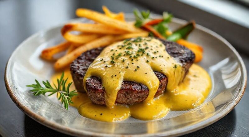 Prato de bife dourado coberto com molho de mostarda cremoso, servido com elegância e apetite