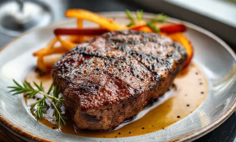 Bife de chorizo pronto, dourado e suculento, servido sobre tábua com ervas e manteiga derretida.