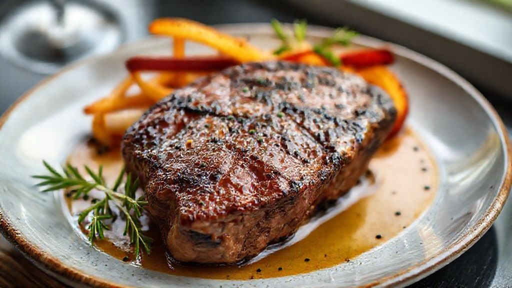 Bife de chorizo pronto, dourado e suculento, servido sobre tábua com ervas e manteiga derretida.