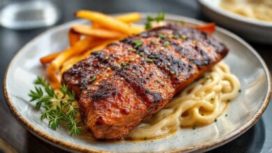 Bife de chorizo dourado e suculento servido em prato rústico com ervas e batatas assadas