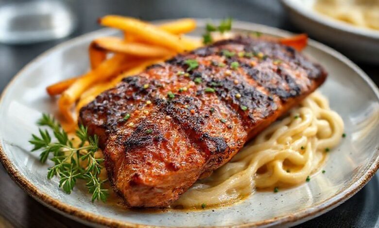 Bife de chorizo dourado e suculento servido em prato rústico com ervas e batatas assadas