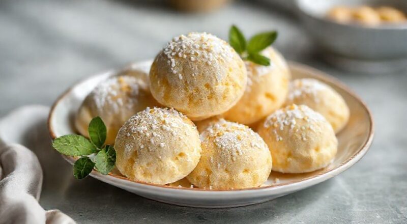 Biscoitinhos dourados servidos em pratinho de porcelana, com textura leve e aparência crocante