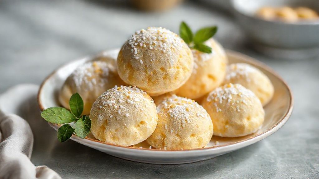 Biscoitinho de maisena leve e crocante dourado, arrumado em prato branco, pronto para servir com café